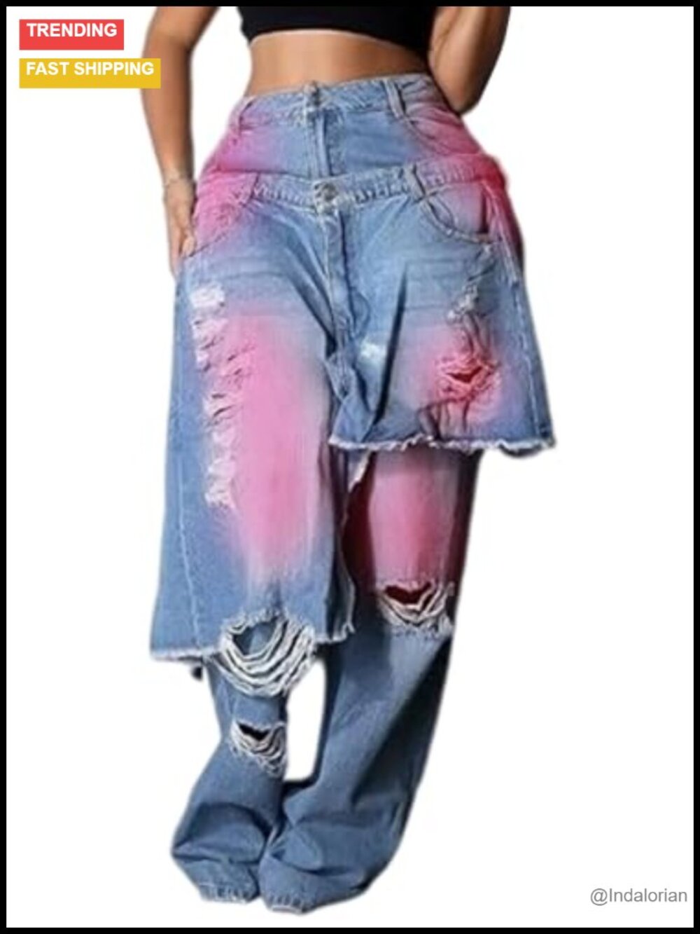 High Waist Ripped Wide Leg Baggy Jeans Distressed Streetwear